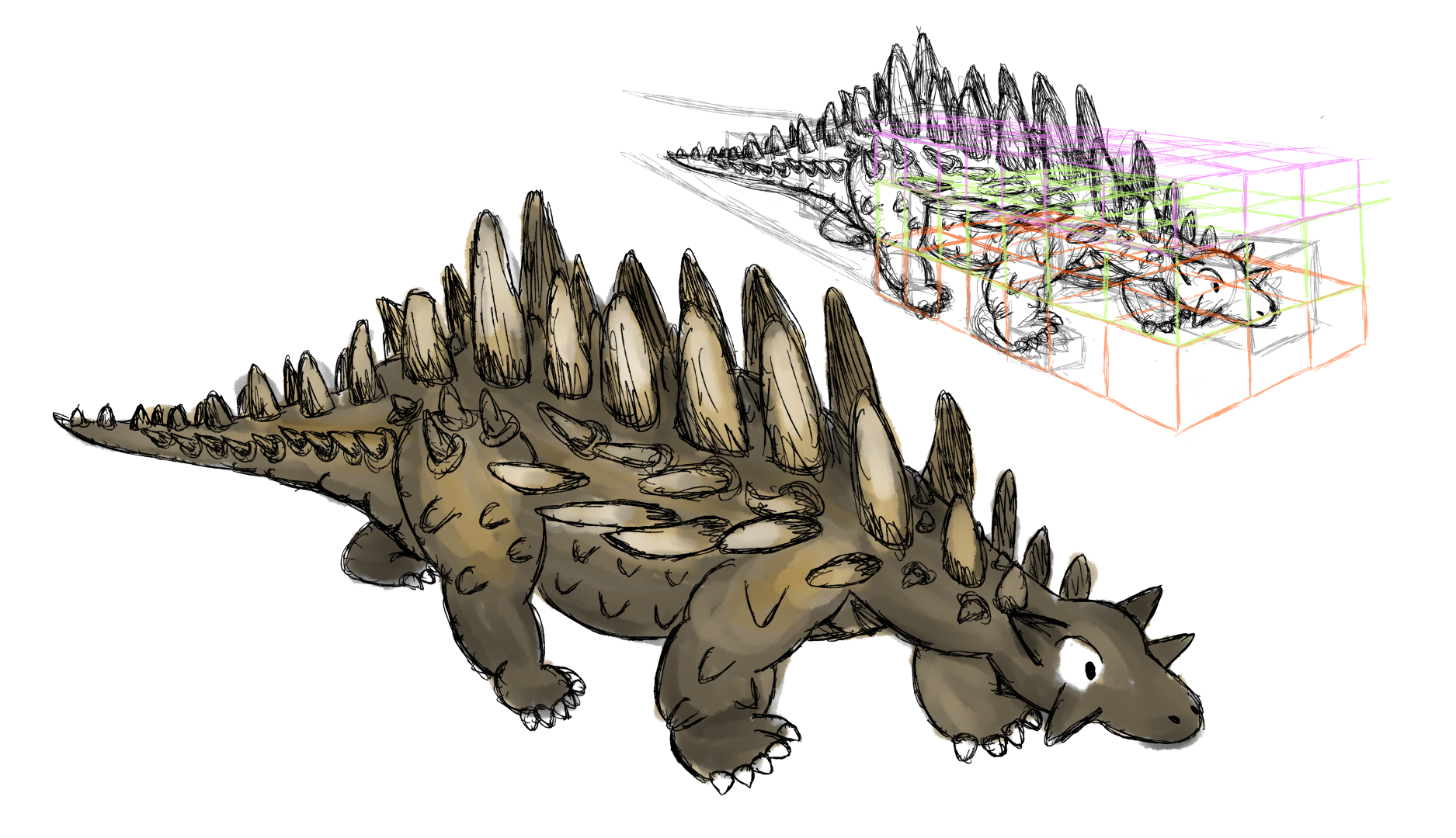 Sketch of a toy dinosaur, a stegosaurus or similar. Top right shows a black and white version of the drawing with a perspective grid that was used to layout the proportions and attempt to accurately show the model to scale.